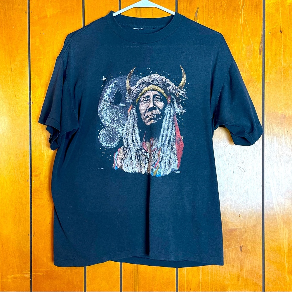 Vintage Native American in front of the maroon shirt Unisex no tags
